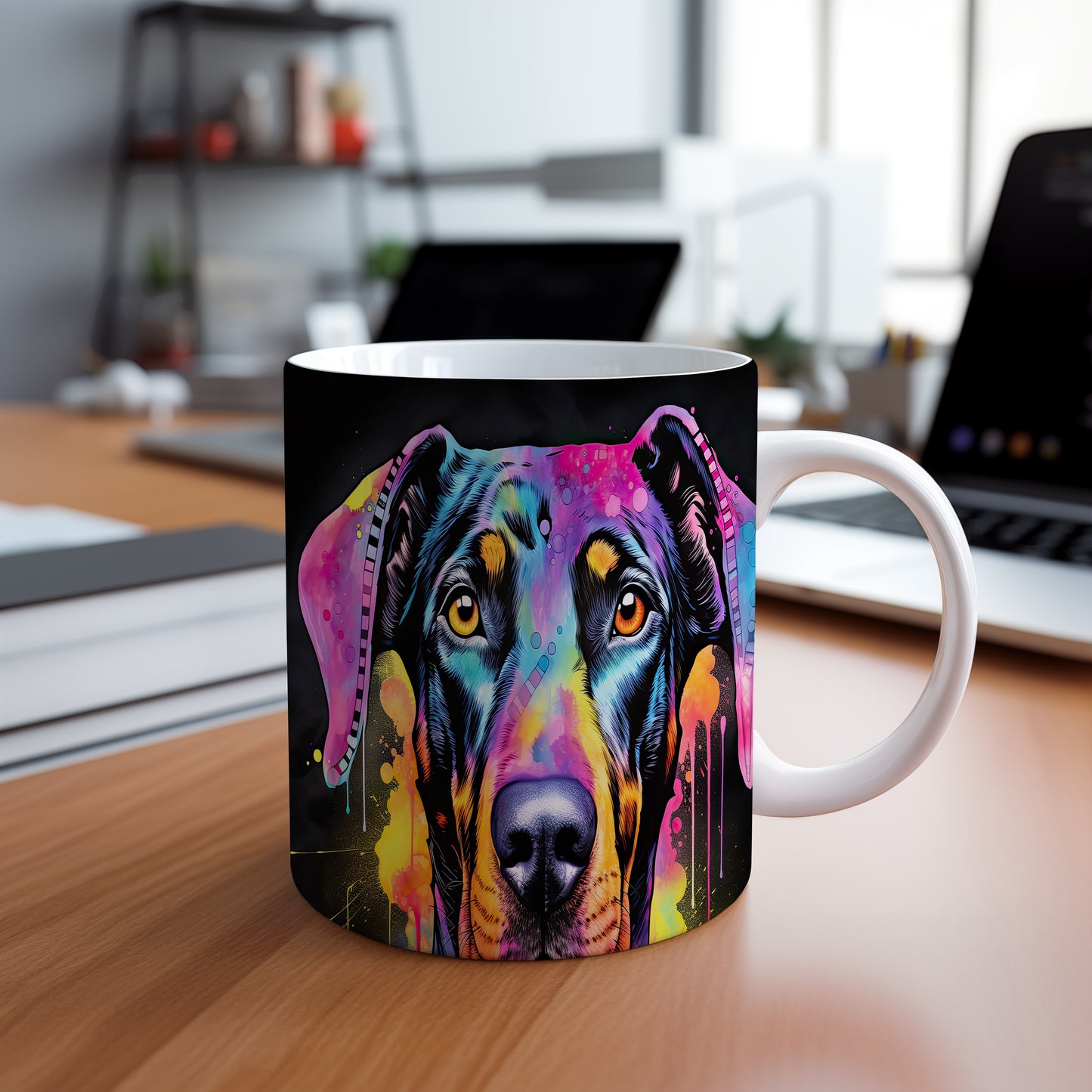 Hrnek s dobermanem v barevných tónech a vtipným designem