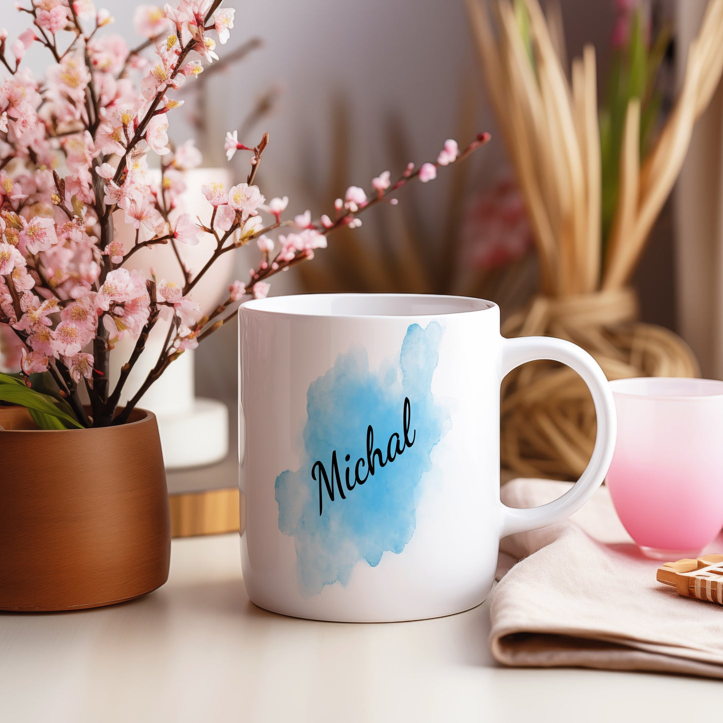 Hrnek se jménem Michal – modrý akvarel