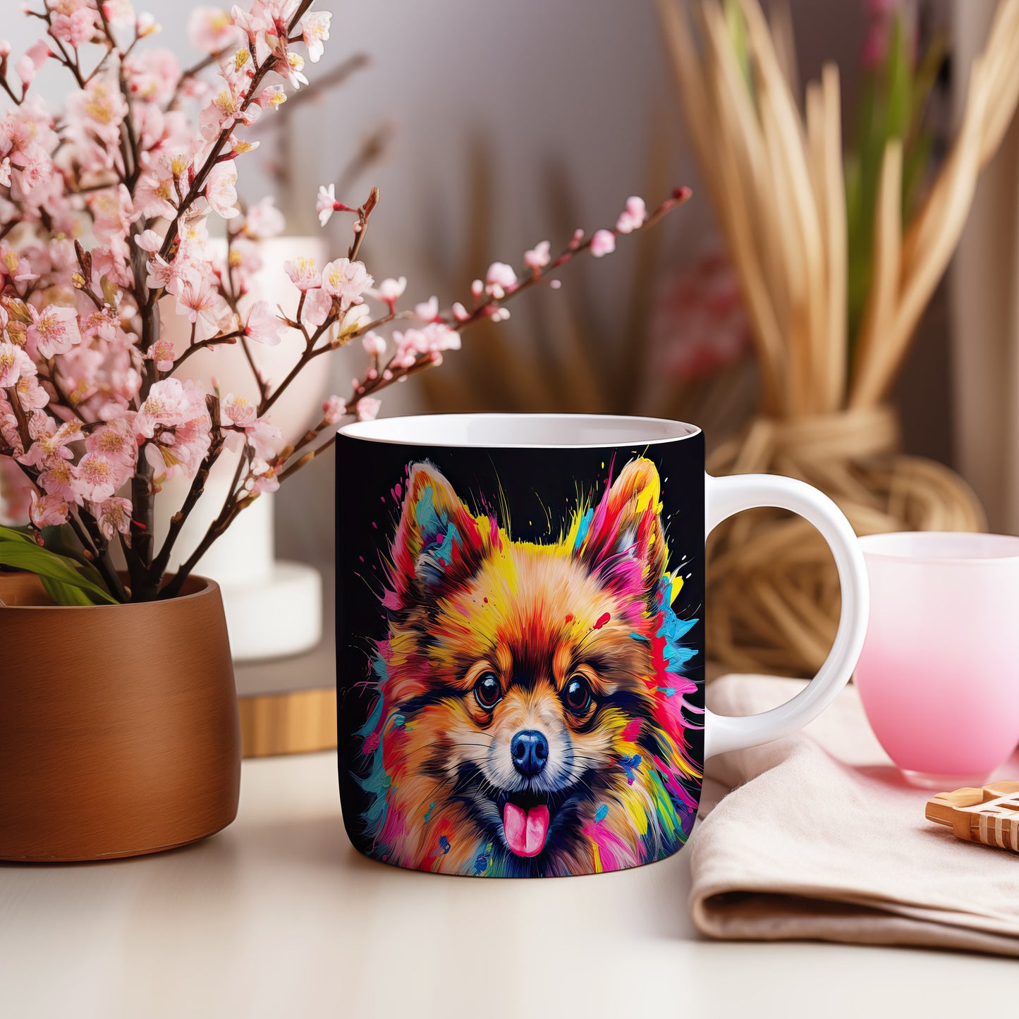 Hrnek s roztomilým pomeranianem – modrými detaily