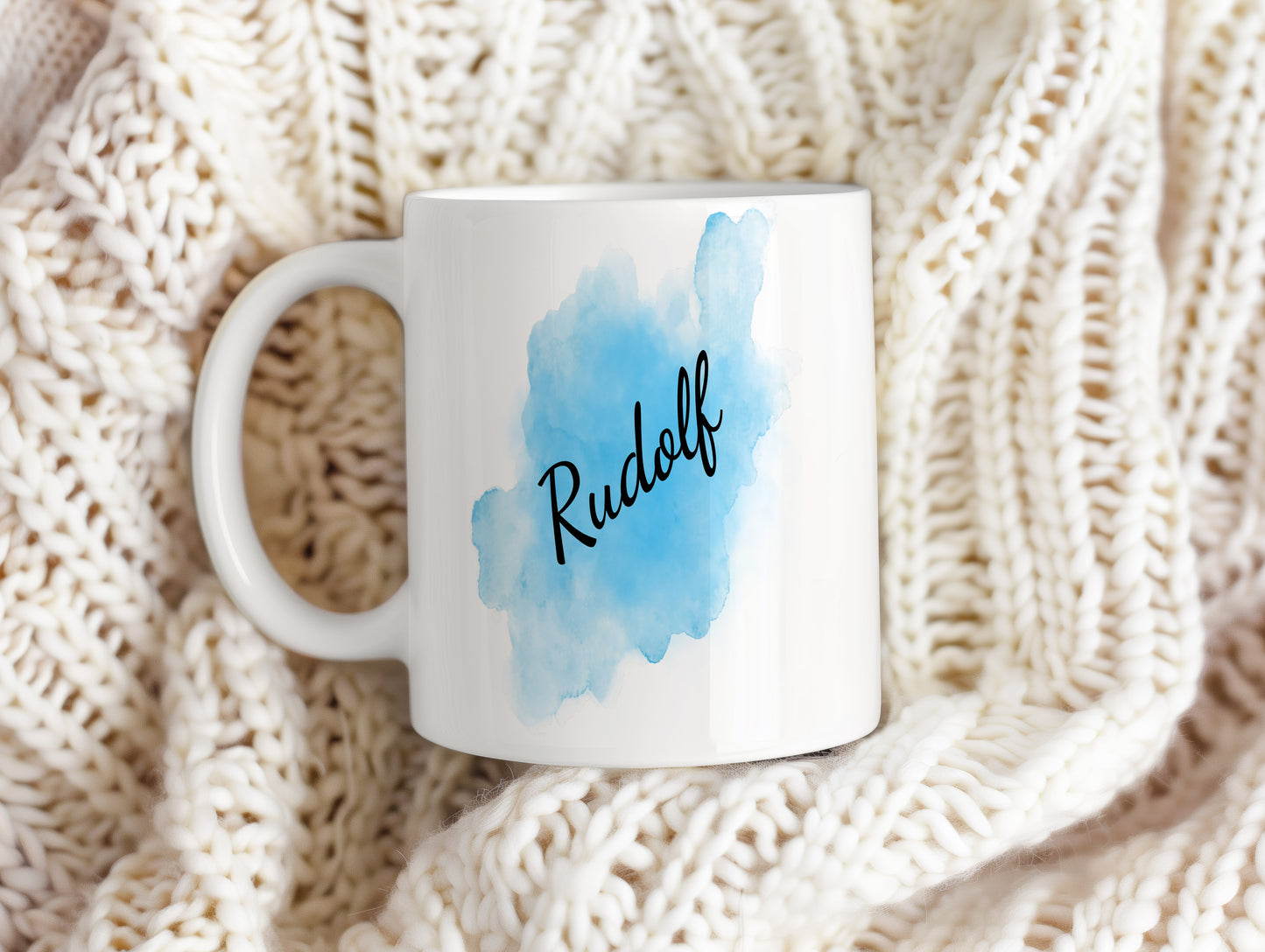 Hrnek se jménem Rudolf – modrý akvarel