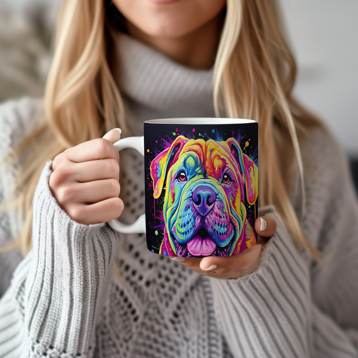 Hrnek s digitální ilustrací barevného psa na veselém pozadí