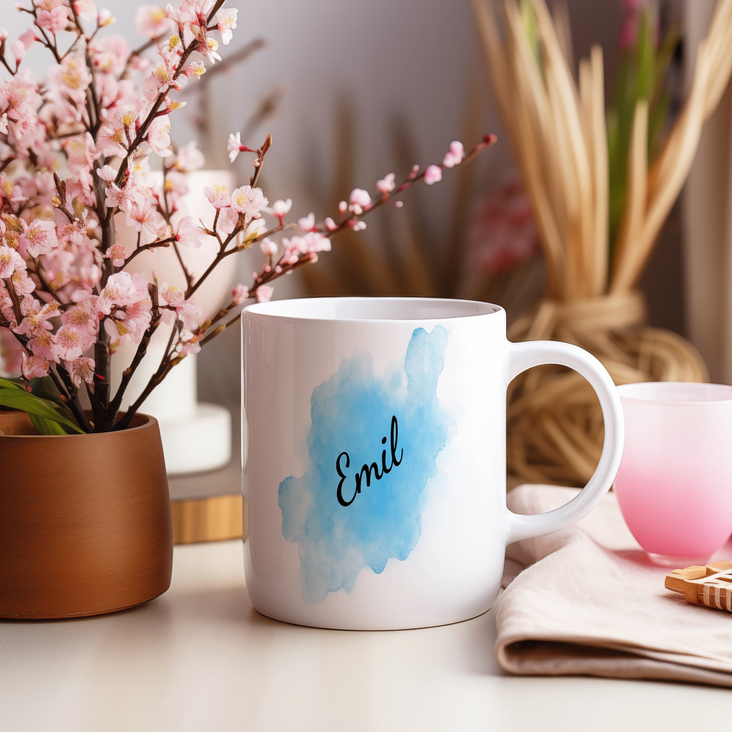 Hrnek se jménem Emil – modrý akvarel