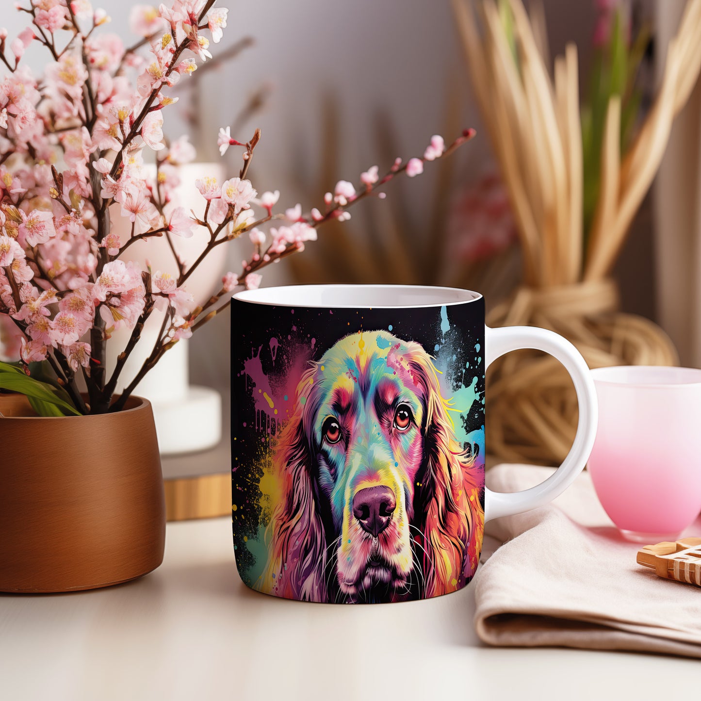 Hrnek s retrívrem v duhových barvách – výrazným designem