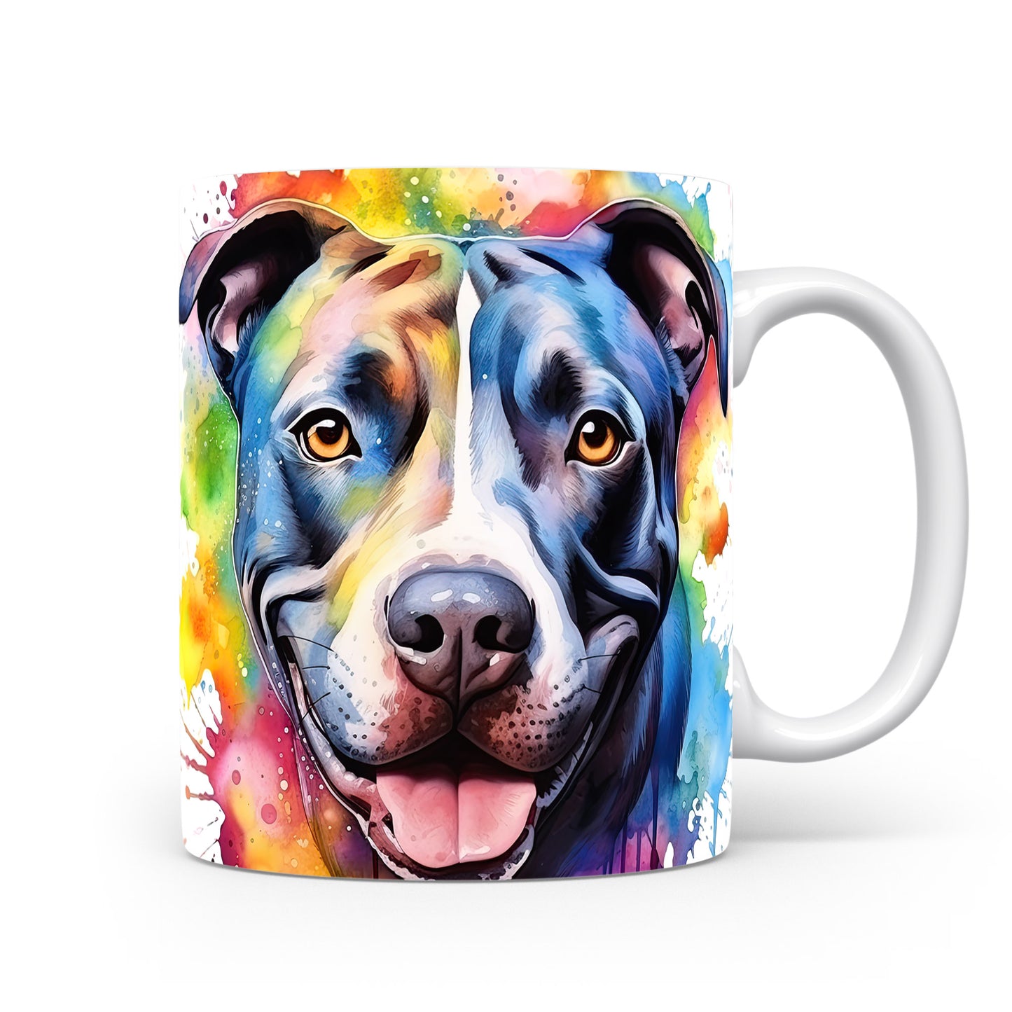 Hrnek s pitbullem a duhovým pozadím