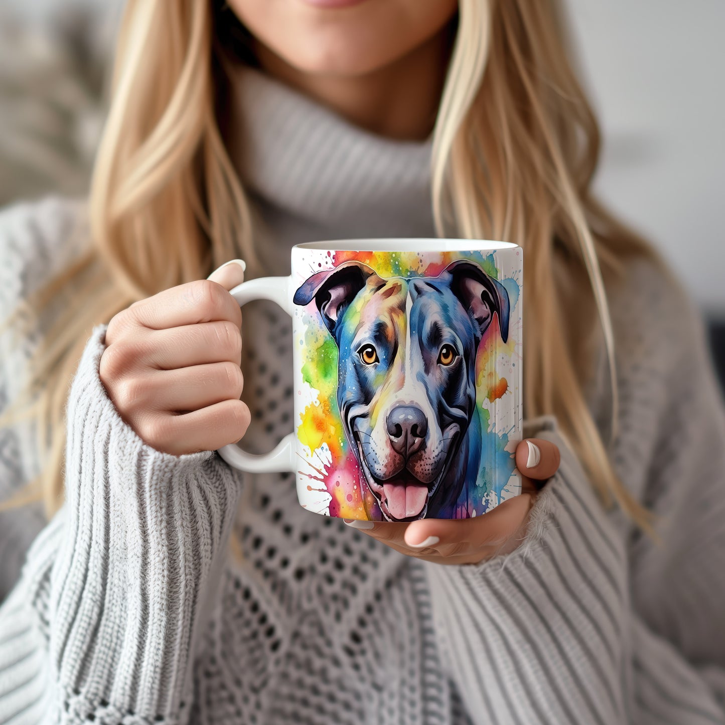 Hrnek s pitbullem a duhovým pozadím