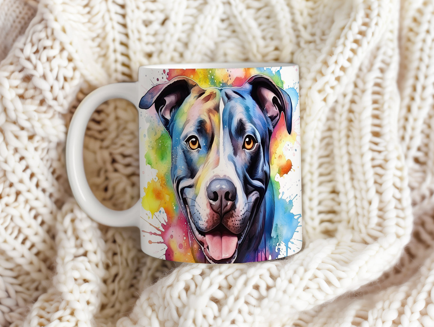 Hrnek s pitbullem a duhovým pozadím
