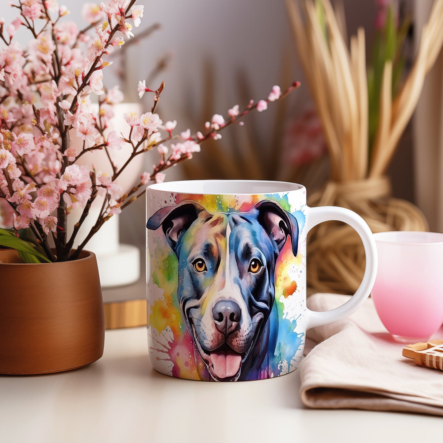 Hrnek s pitbullem a duhovým pozadím