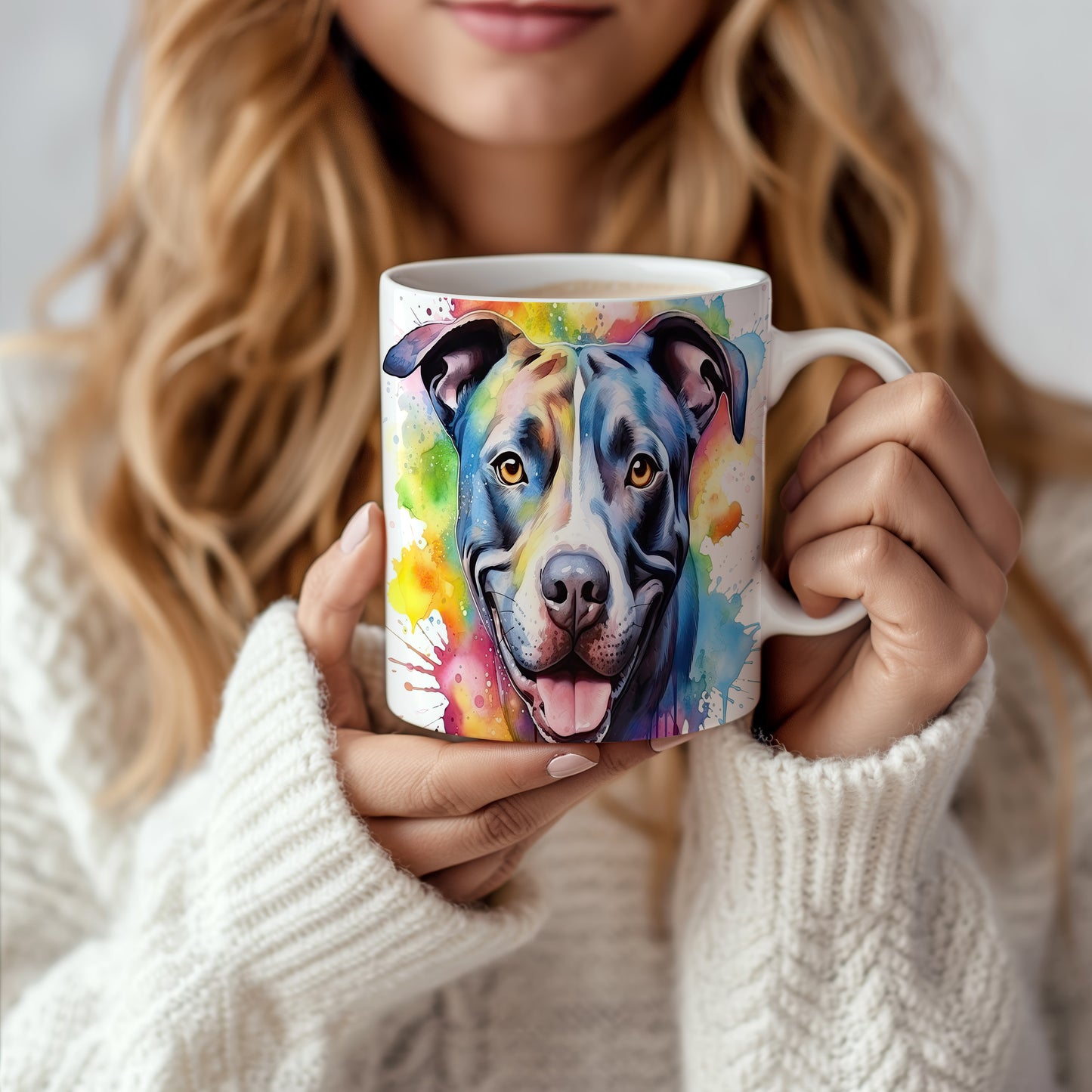 Hrnek s pitbullem a duhovým pozadím
