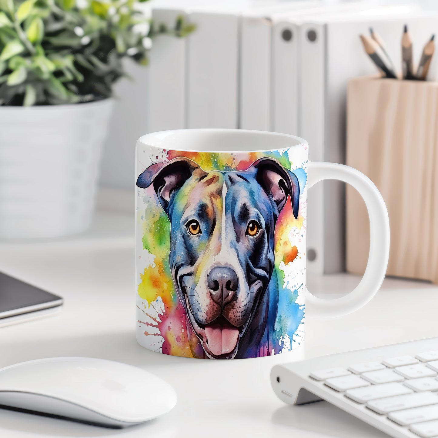 Hrnek s pitbullem a duhovým pozadím