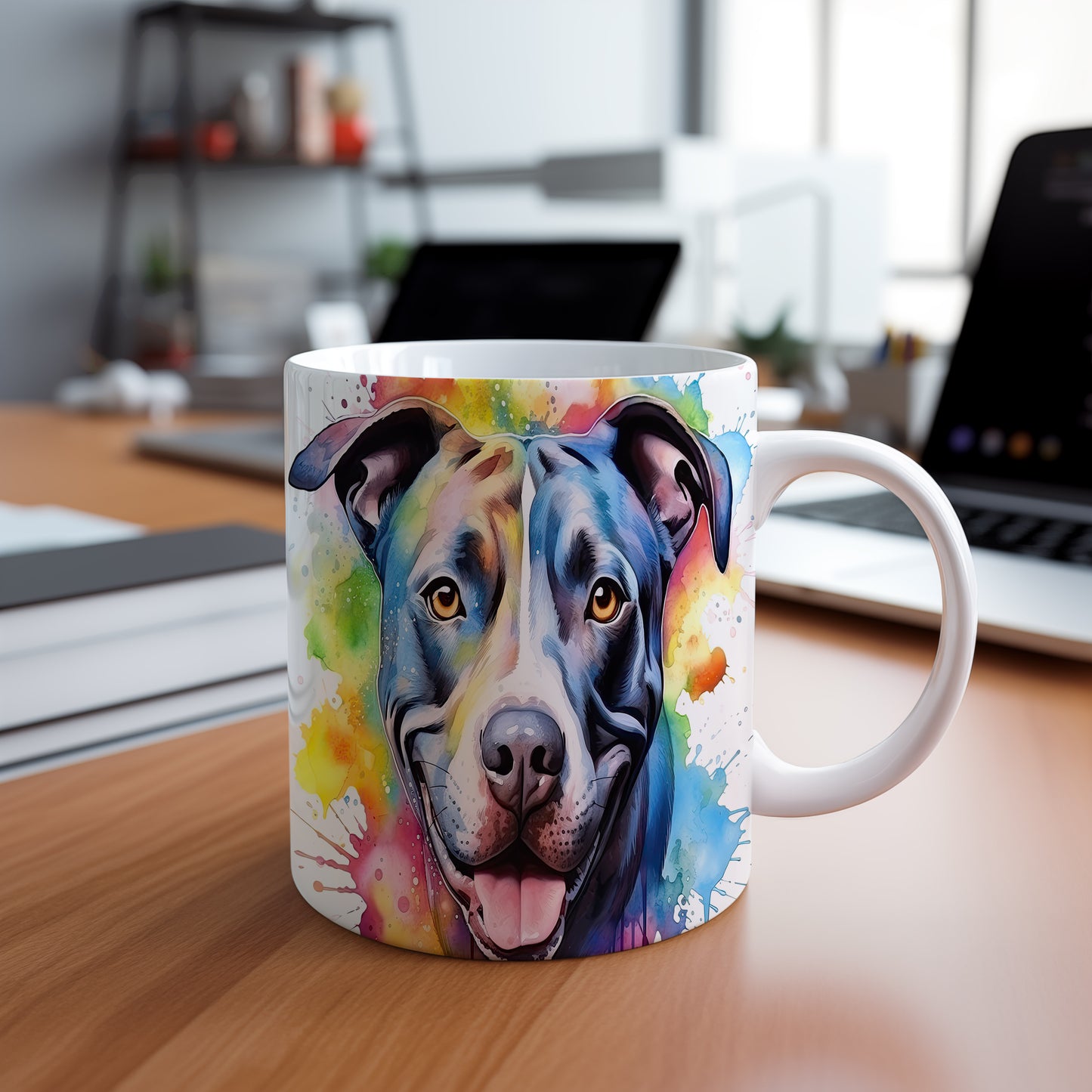 Hrnek s pitbullem a duhovým pozadím