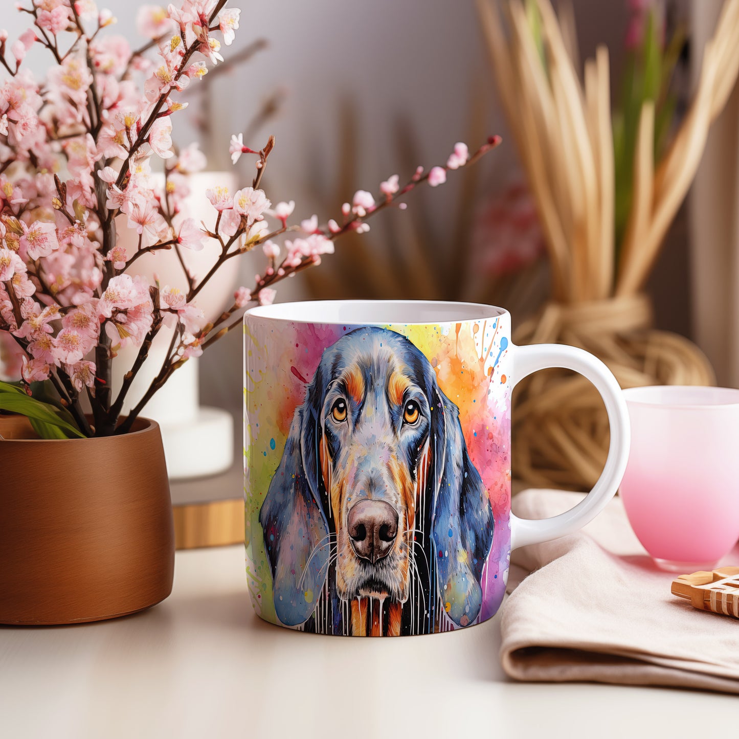 Hrnek s barevným coonhound a veselým designem