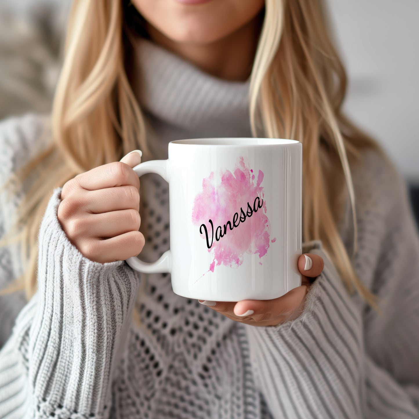 Hrnek se jménem Vanessa – růžový akvarel