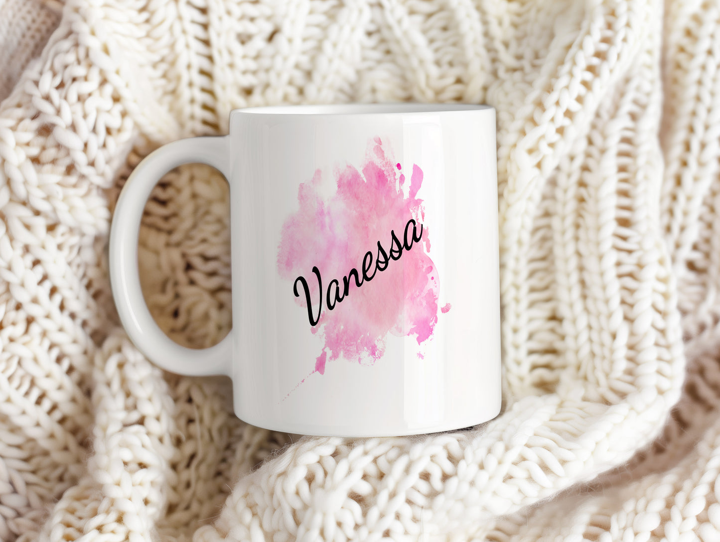 Hrnek se jménem Vanessa – růžový akvarel