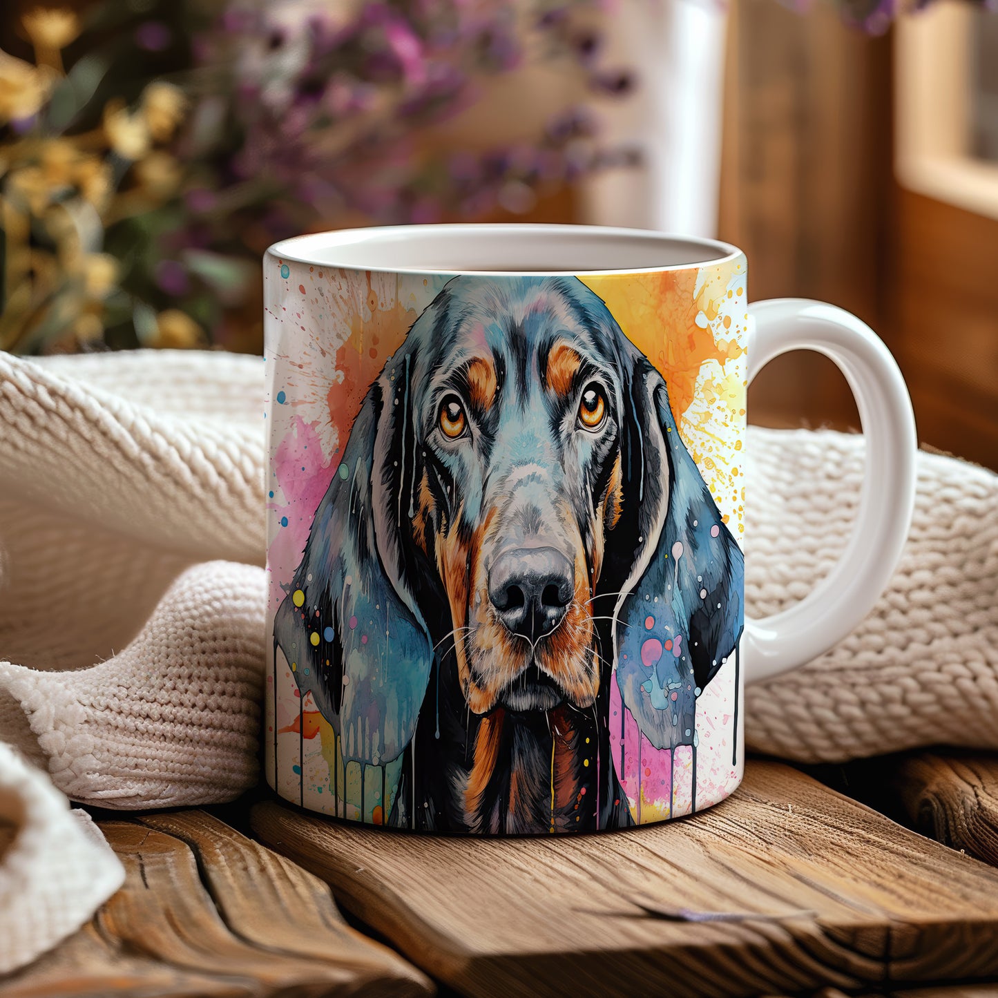 Hrnek s coonhound a barevným uměním