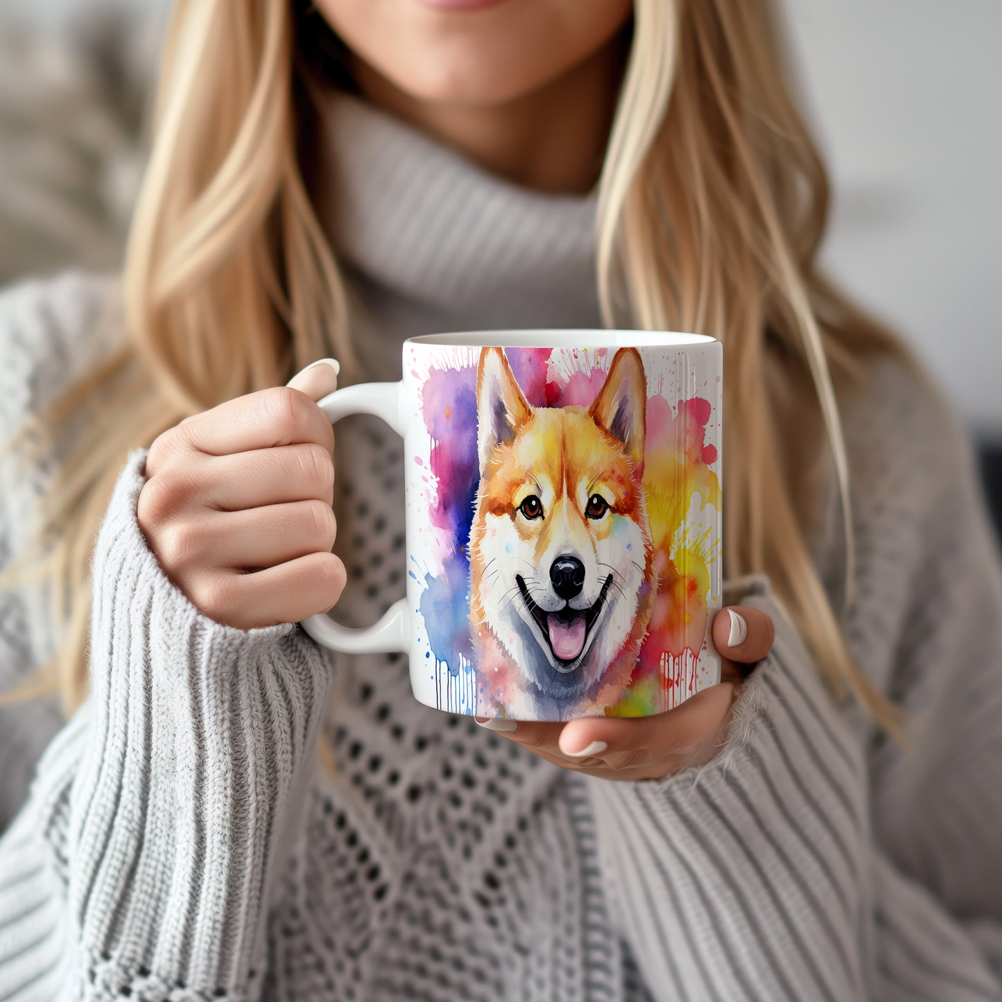 Hrnek s veselým shibainu a duhovým pozadím