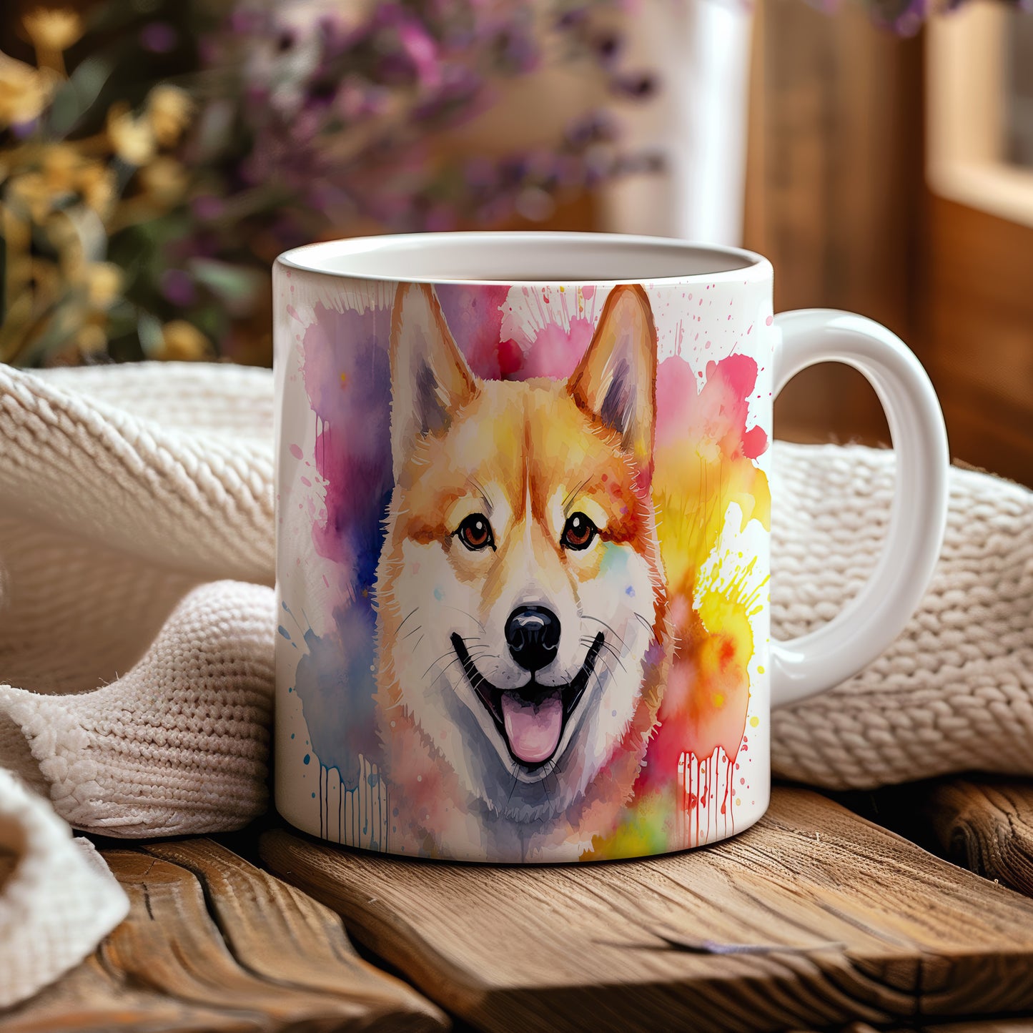 Hrnek s veselým shibainu a duhovým pozadím