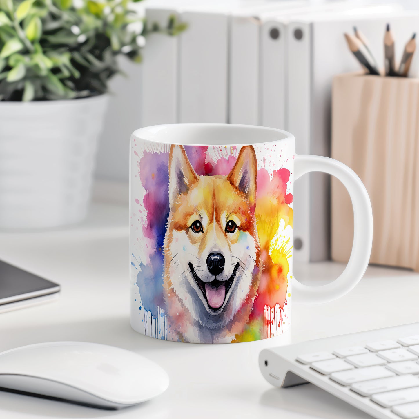 Hrnek s veselým shibainu a duhovým pozadím