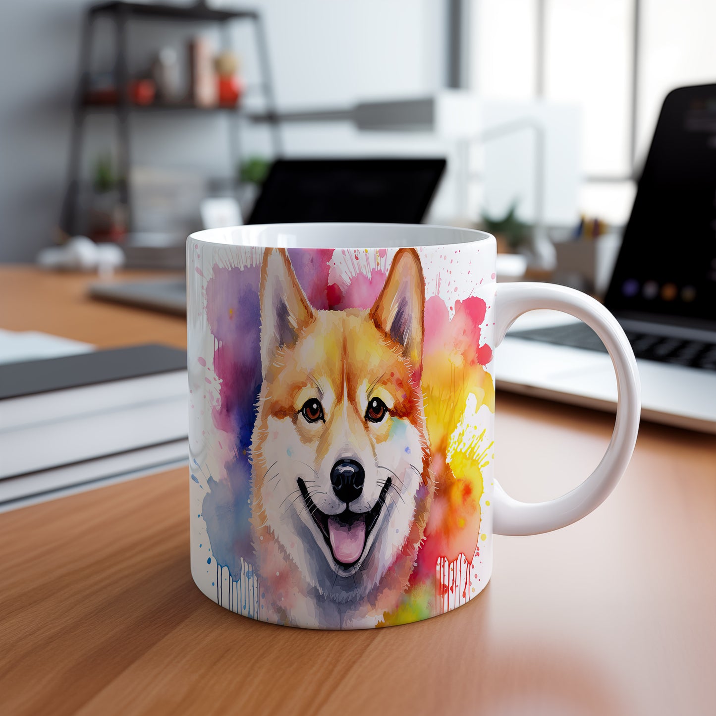 Hrnek s veselým shibainu a duhovým pozadím