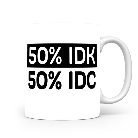 Hrnek s vtipným nápisem – 50% IDK