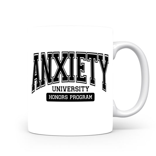 Hrnek s vtipným nápisem – ANXIETY UNIVERSITY