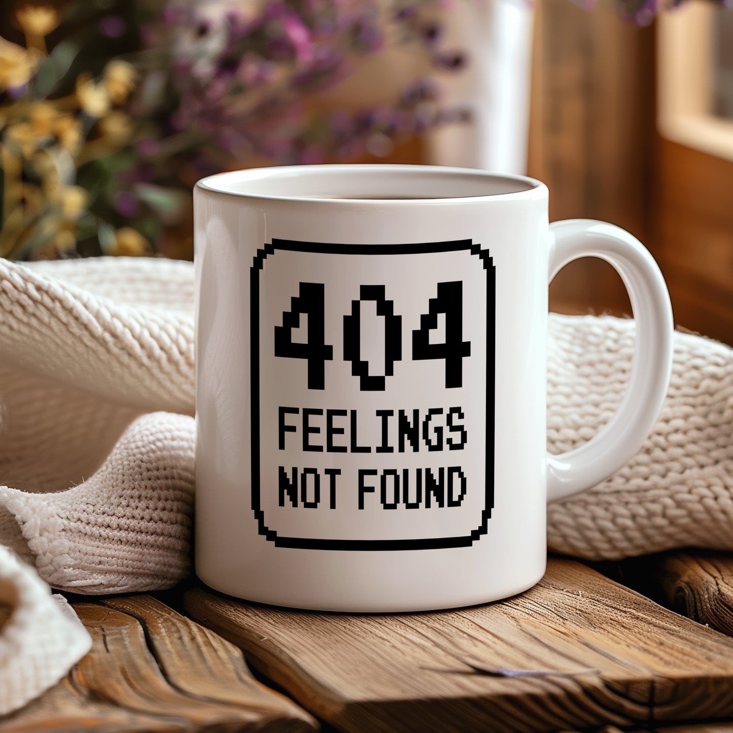 Hrnek s vtipným nápisem – 404 FEELINGS