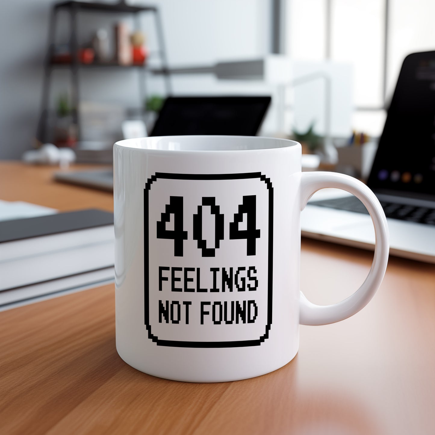 Hrnek s vtipným nápisem – 404 FEELINGS