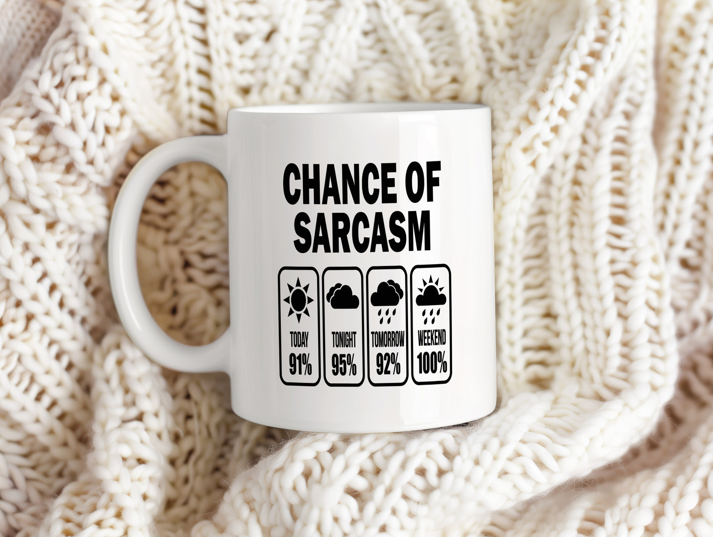 Hrnek s vtipným nápisem – Chance of Sarcasm