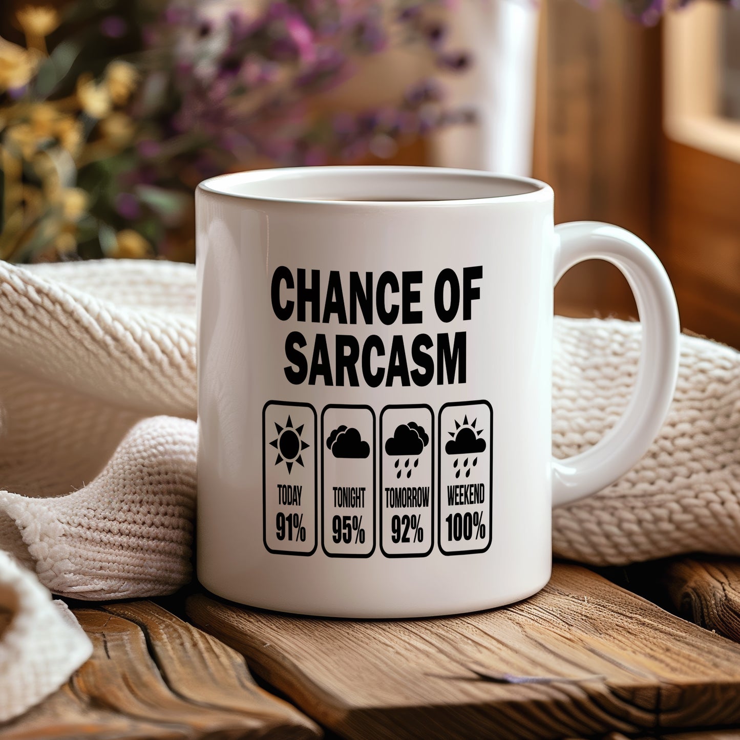 Hrnek s vtipným nápisem – Chance of Sarcasm