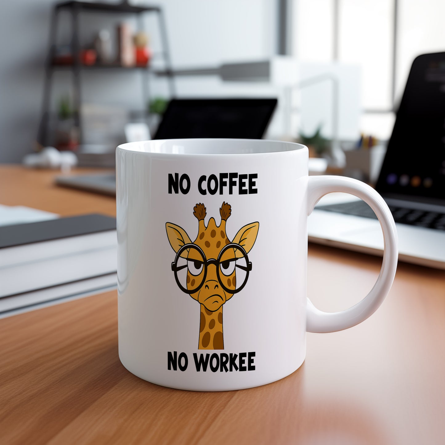 Hrnek s vtipným nápisem – NO COFFEE – žirafa s brýlemi
