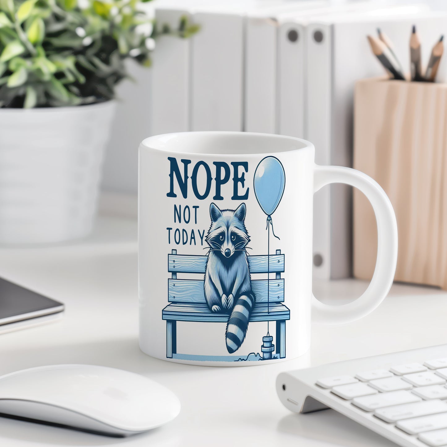 Hrnek s vtipným nápisem – NOPE – modro-bílý motiv