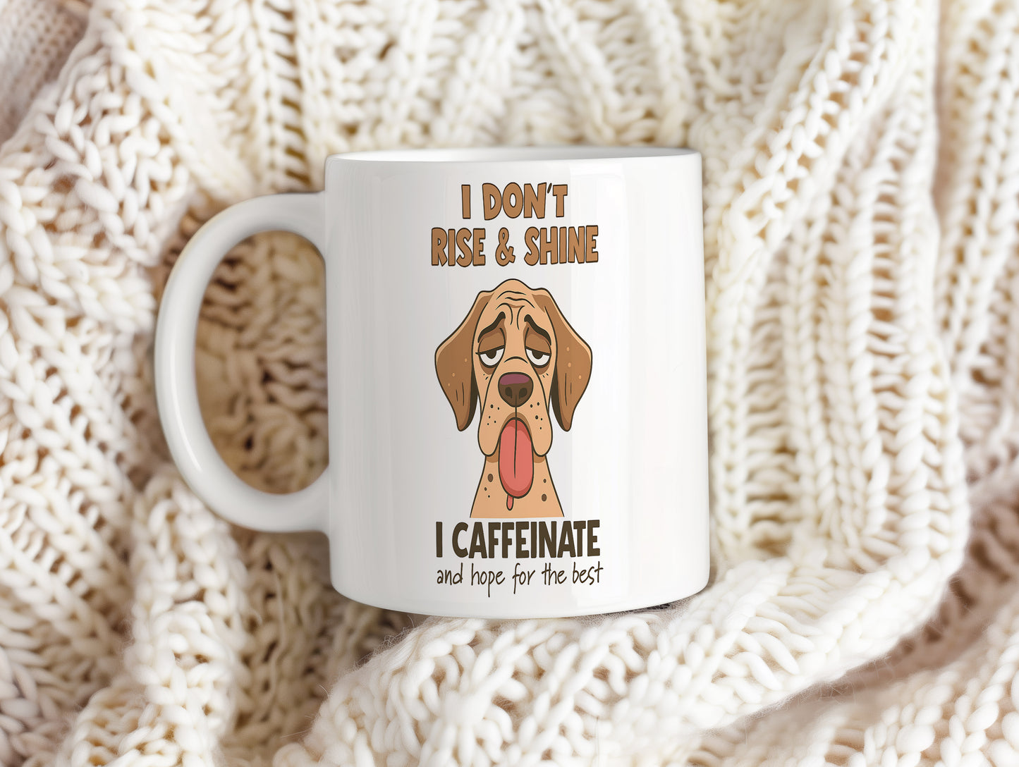 Hrnek s vtipným nápisem – I DON'T RISE & SHINE