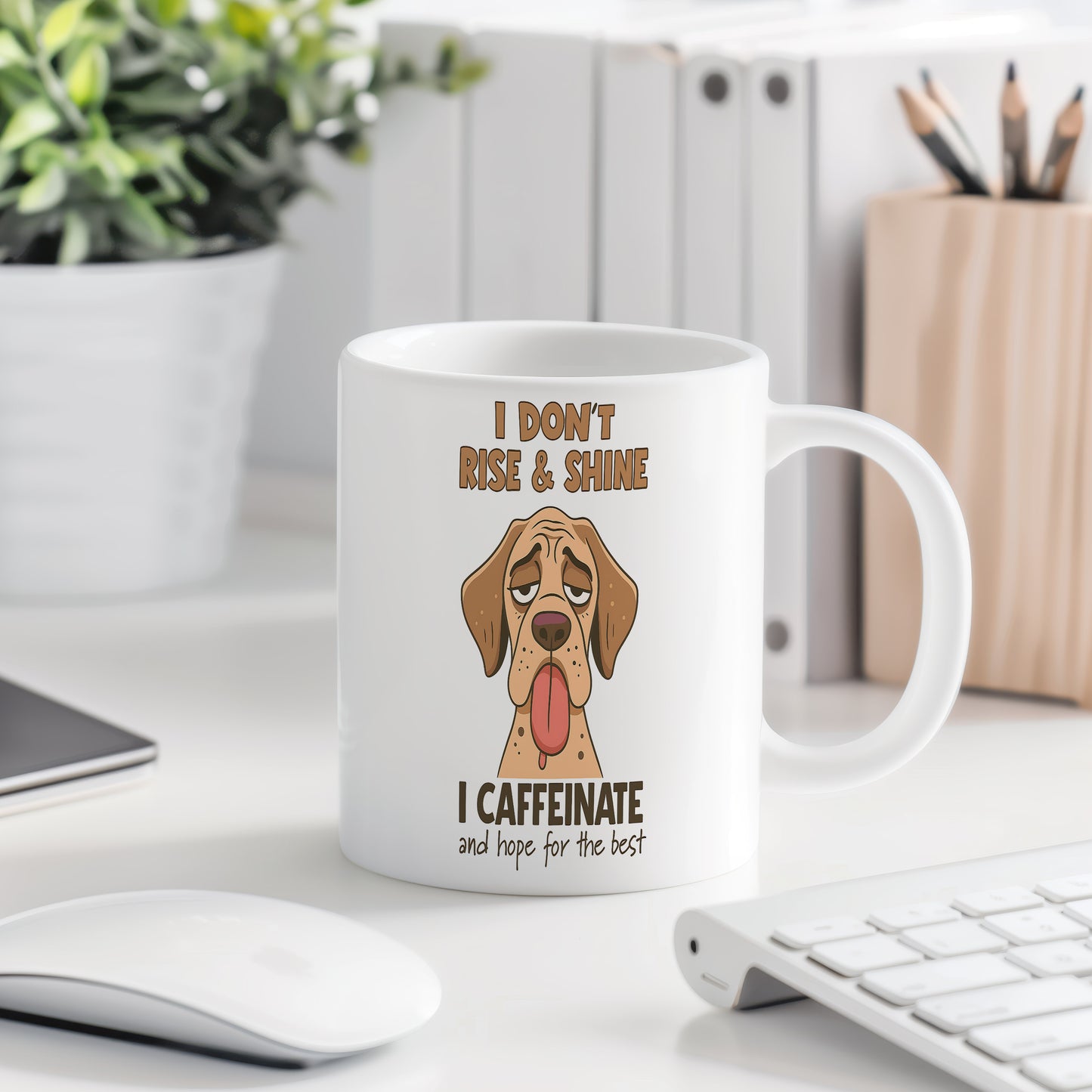 Hrnek s vtipným nápisem – I DON'T RISE & SHINE