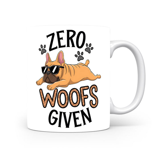 Hrnek s vtipným nápisem – ZERO WOOFS – pes s brýlemi