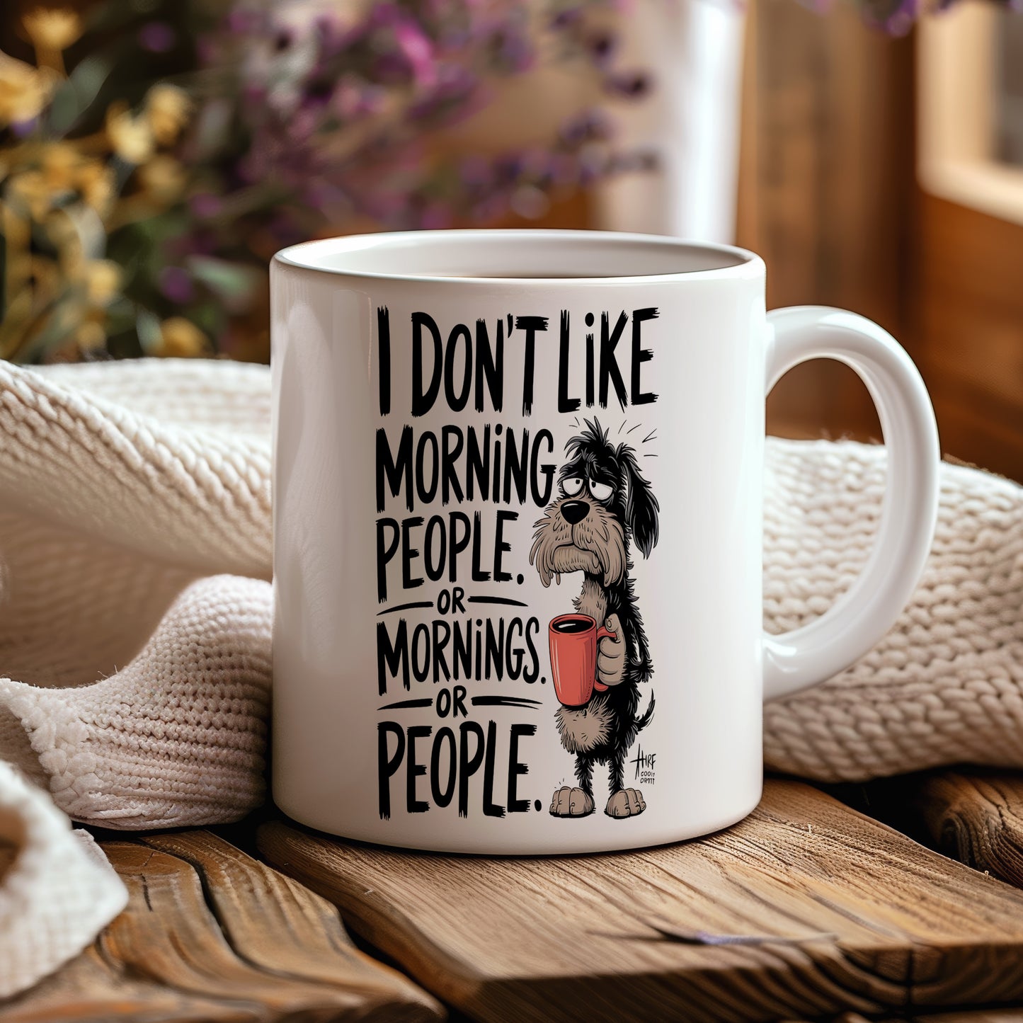 Hrnek s vtipným nápisem – I DON'T LIKE MORNING – humorný motiv