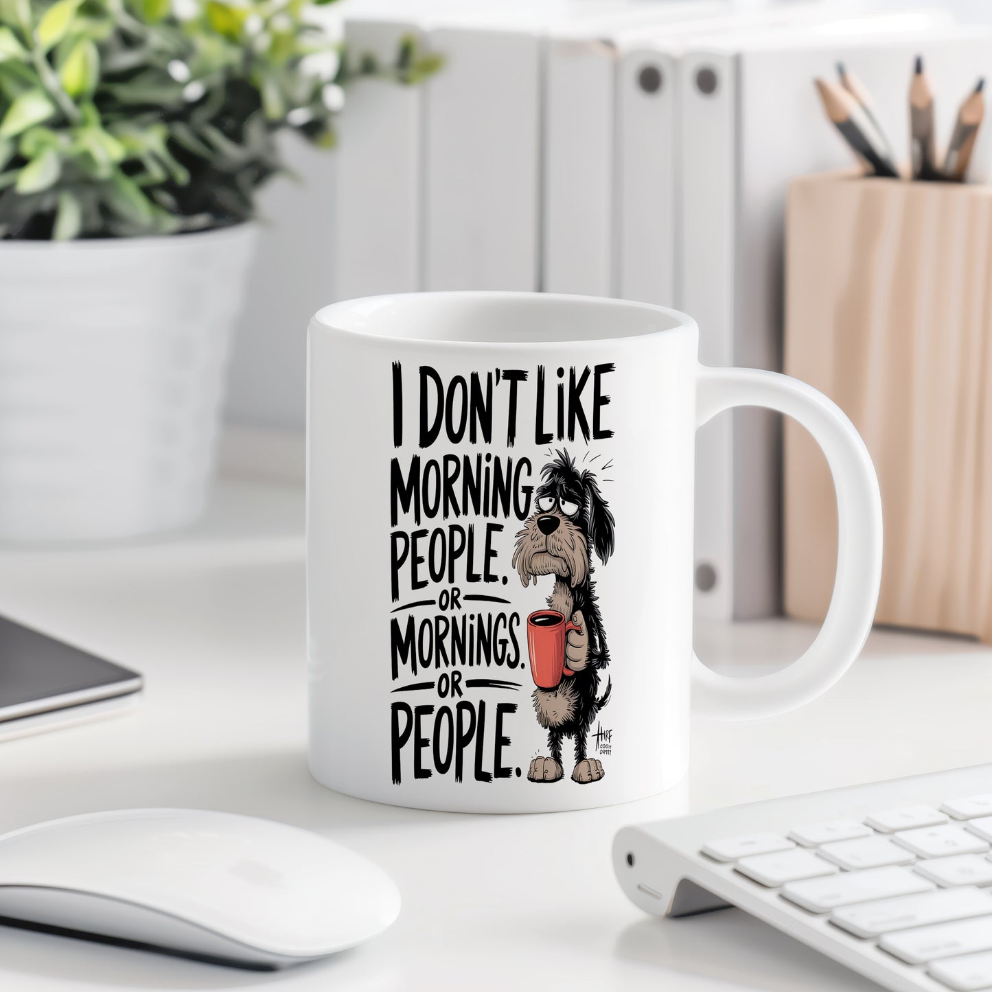 Hrnek s vtipným nápisem – I DON'T LIKE MORNING – humorný motiv