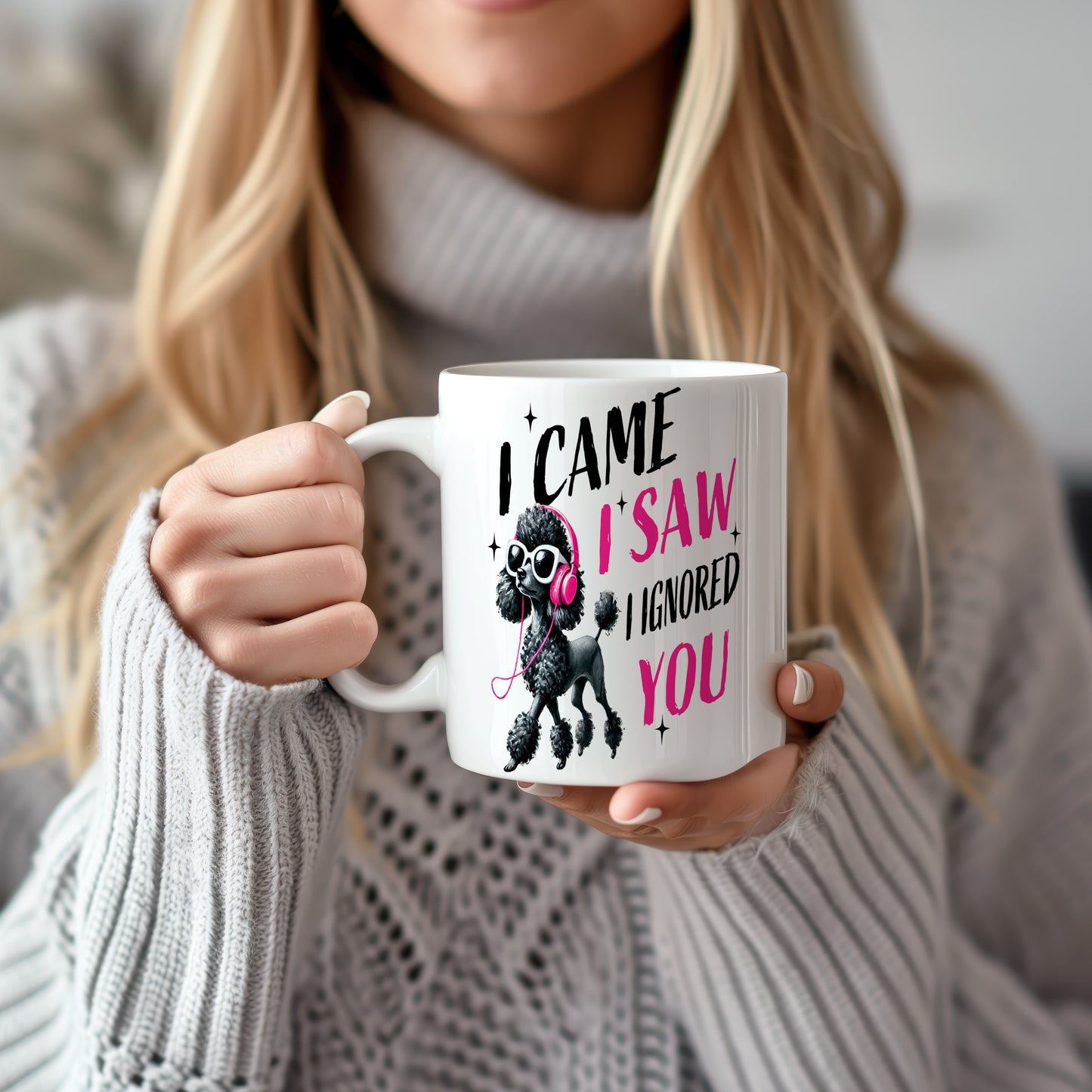 Hrnek s vtipným nápisem – I CAME I SAW – černo-růžový motiv