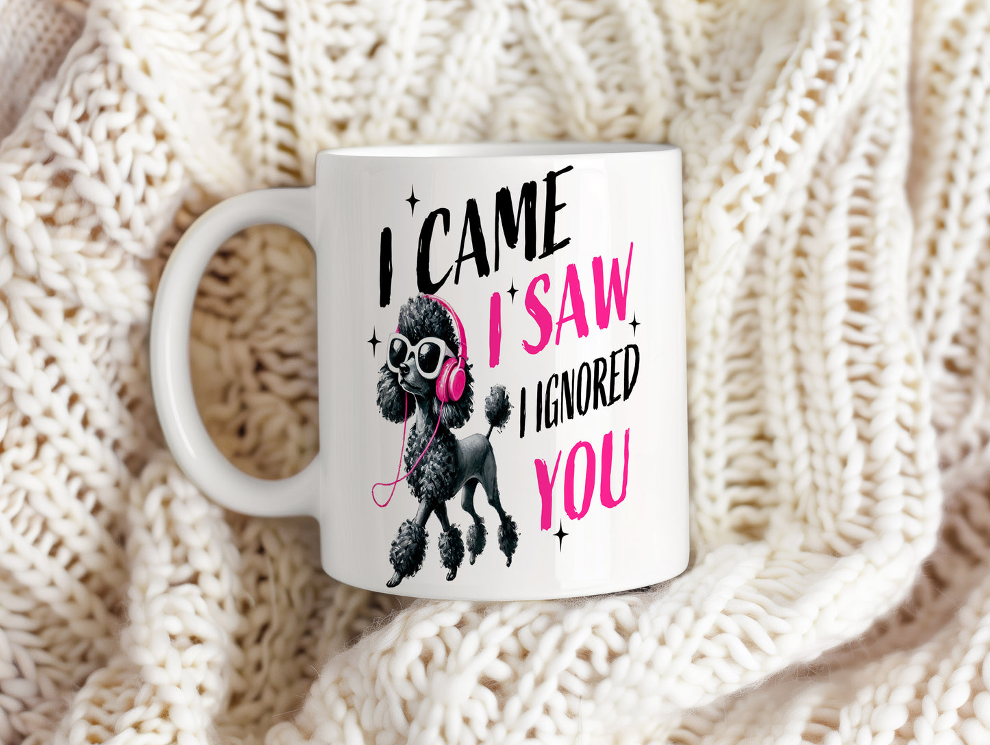 Hrnek s vtipným nápisem – I CAME I SAW – černo-růžový motiv