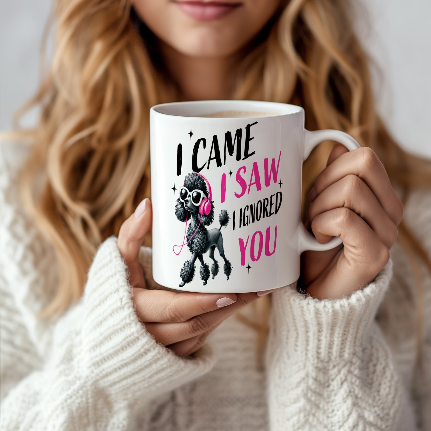 Hrnek s vtipným nápisem – I CAME I SAW – černo-růžový motiv