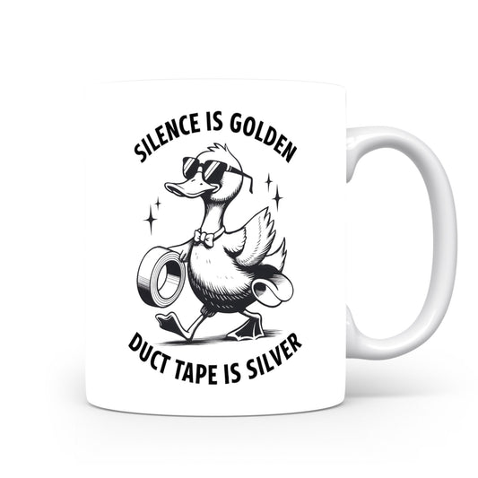 Hrnek s vtipným nápisem – SILENCE IS GOLDEN – černobílý design