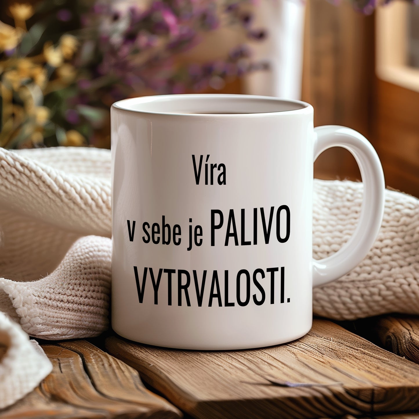Motivační hrnek – Víra v sebe – zvýrazněná typografie