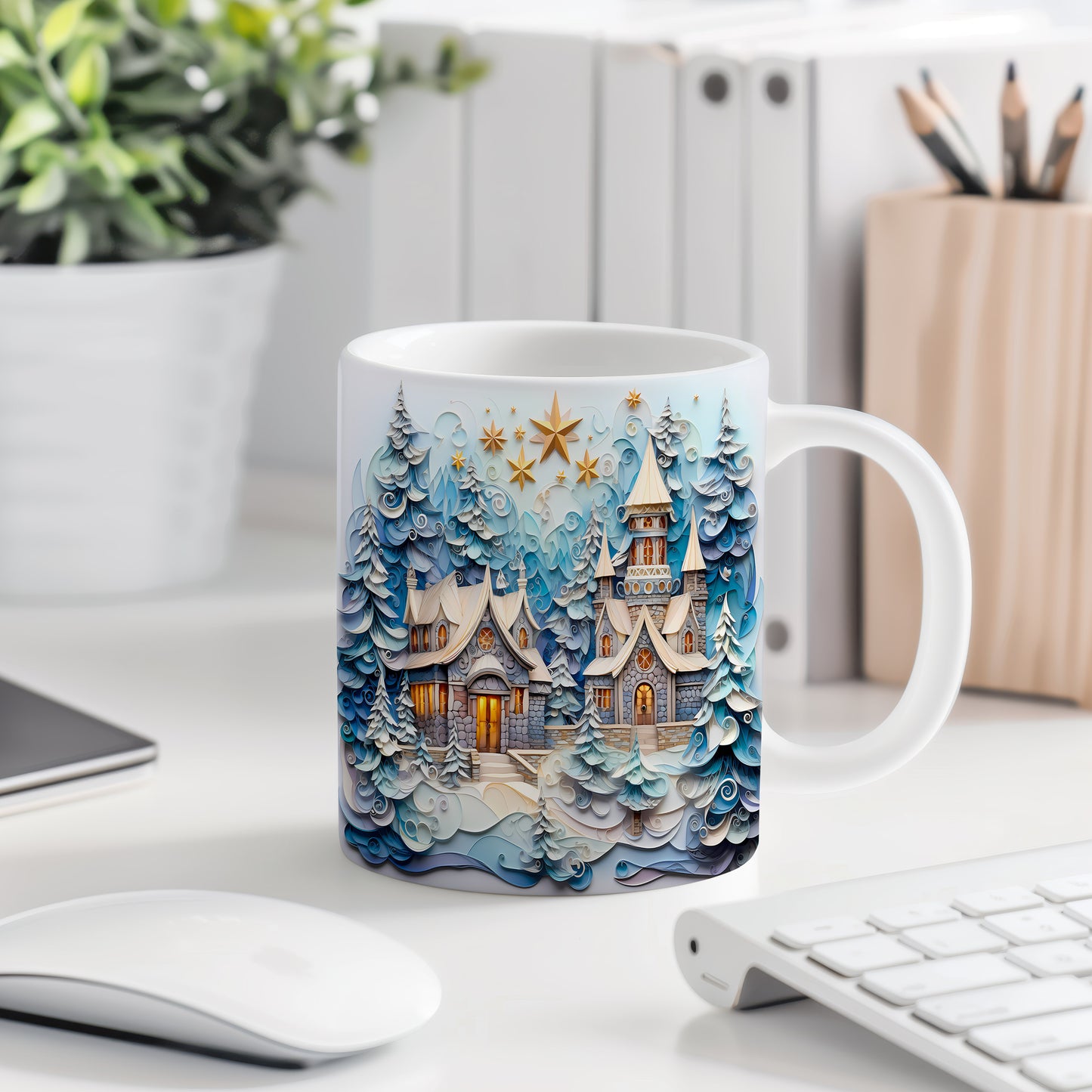 Vánoční hrnek se zimními vesnicemi – elegantní motiv