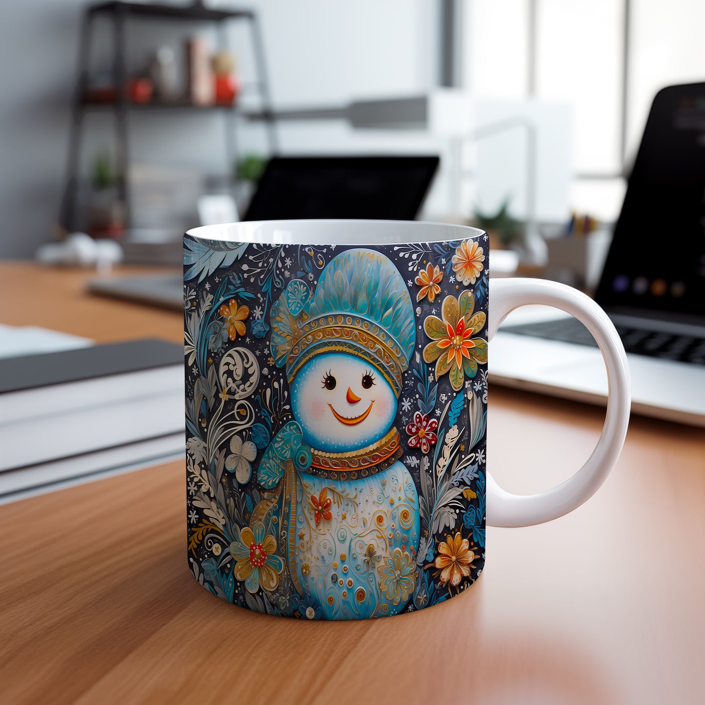 Vánoční hrnek se sněhulákem a květinami – originální design