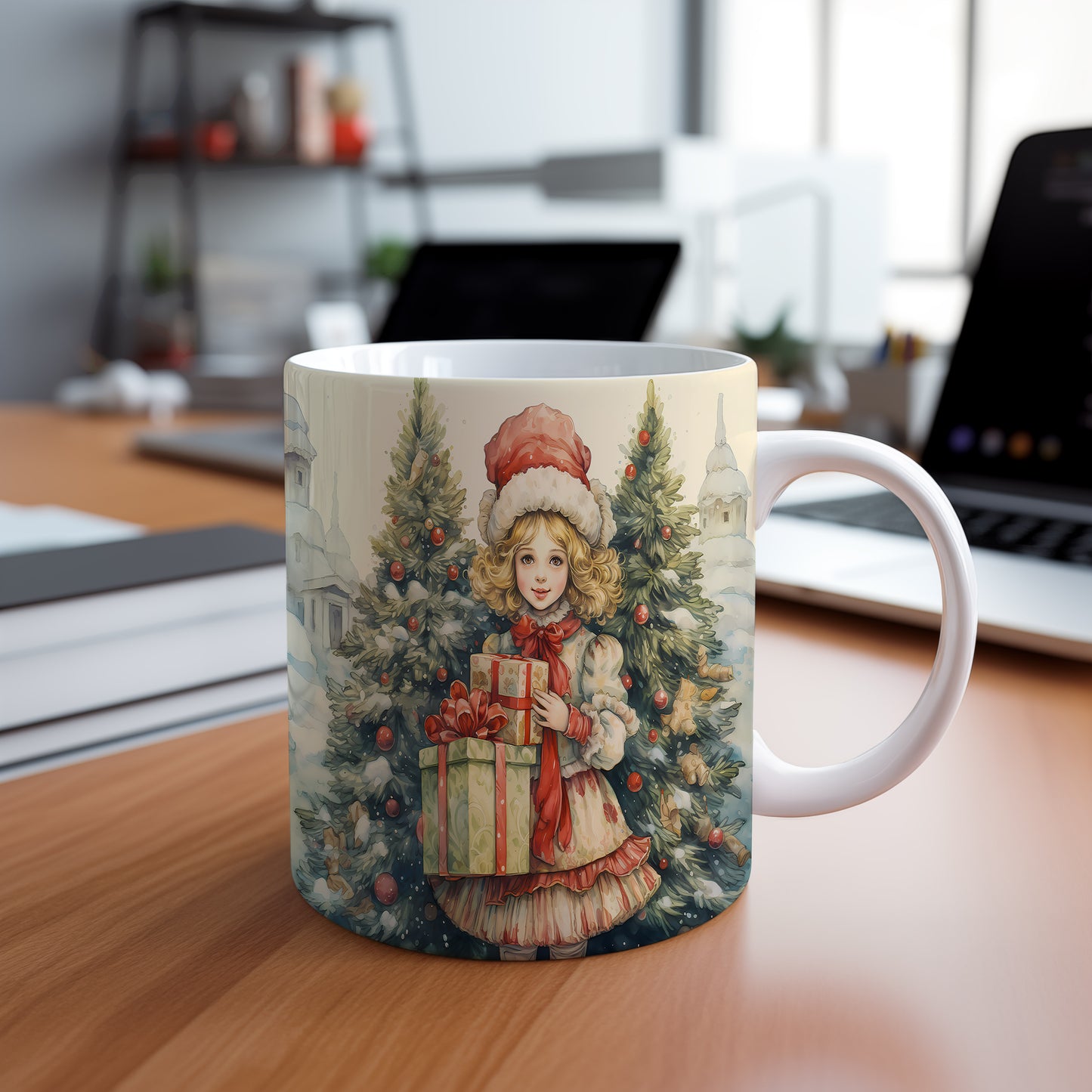 Vánoční hrnek s dívkou a dárky – krásný design
