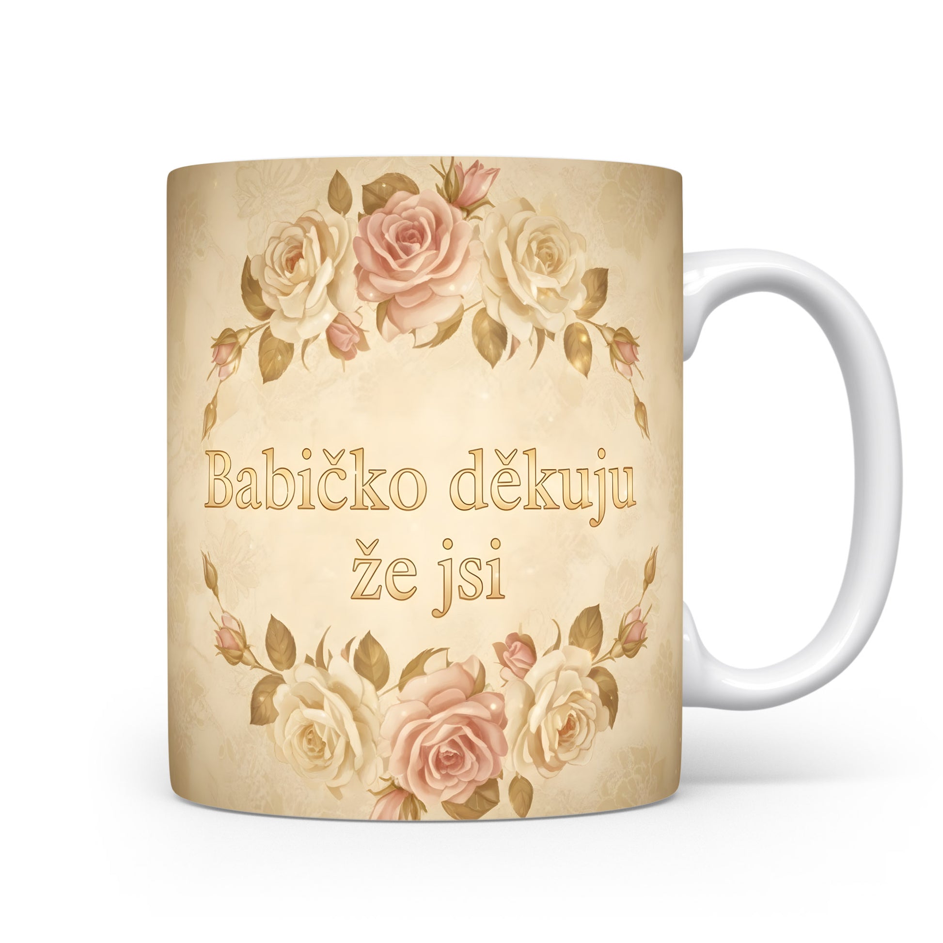 Hrnek s vintage růžemi a nápisem 'Babičko děkuju že jsi'.