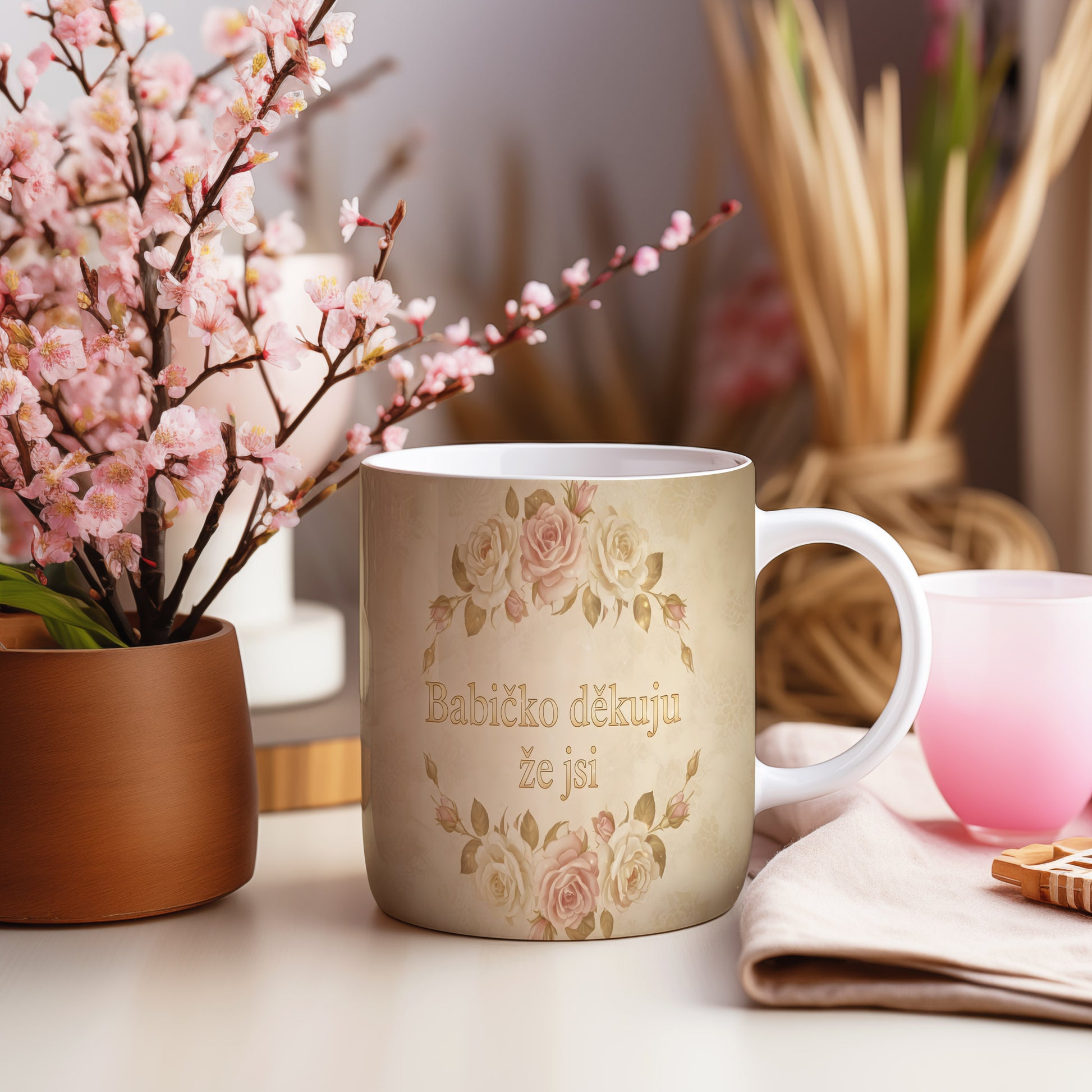 Hrnek s vintage růžemi a nápisem 'Babičko děkuju že jsi'.