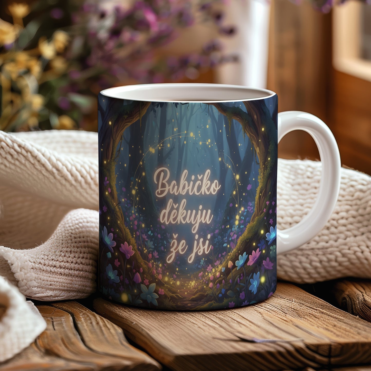 Hrnek s pohádkovým lesem a nápisem Babičko děkuju že jsi.
