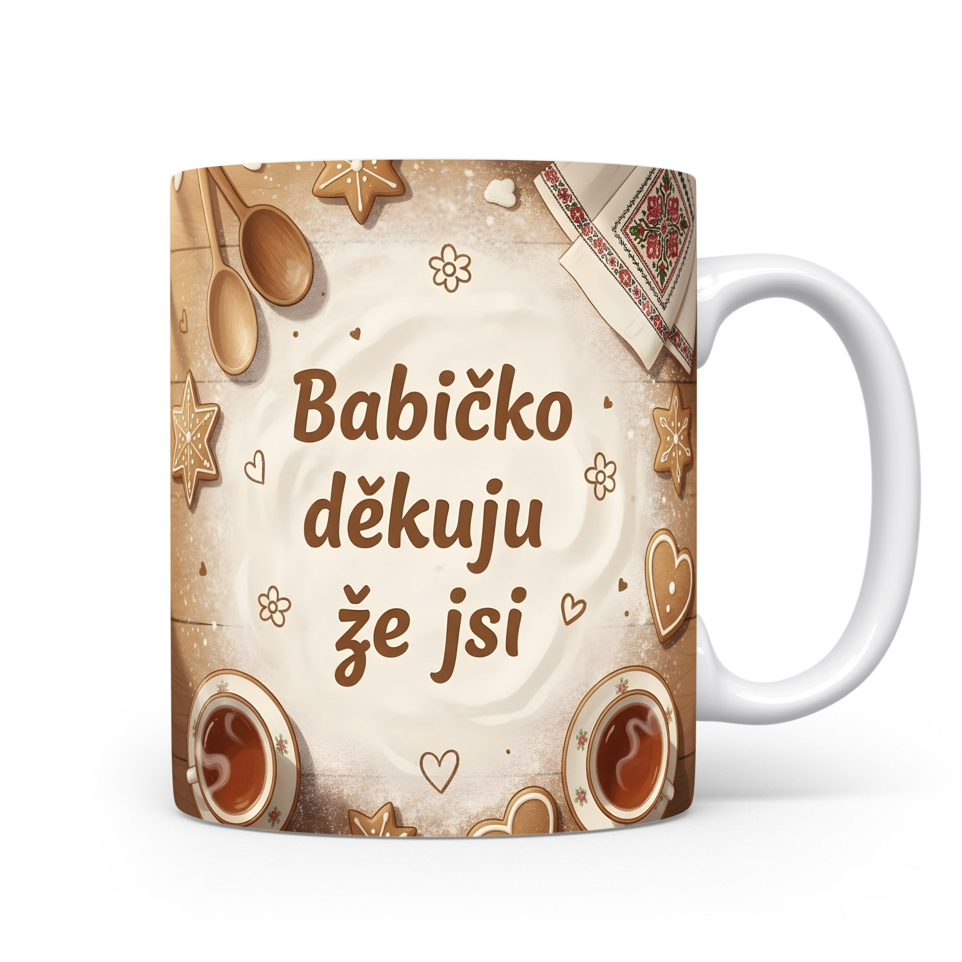 Hrnek s nápisem 'Babičko děkuju že jsi' a vintage motivy na dřevěném pozadí.