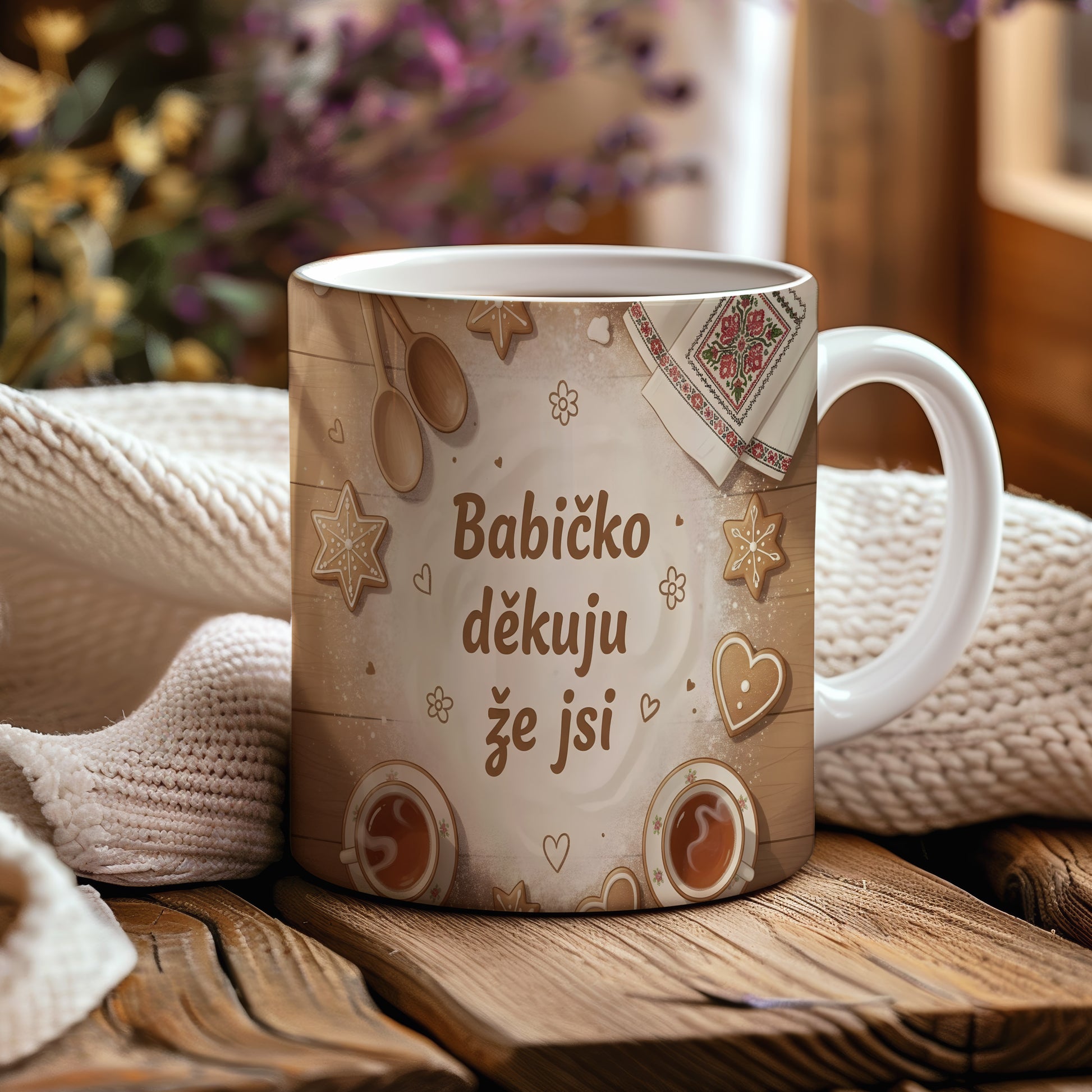 Hrnek s nápisem 'Babičko děkuju že jsi' a vintage motivy na dřevěném pozadí.