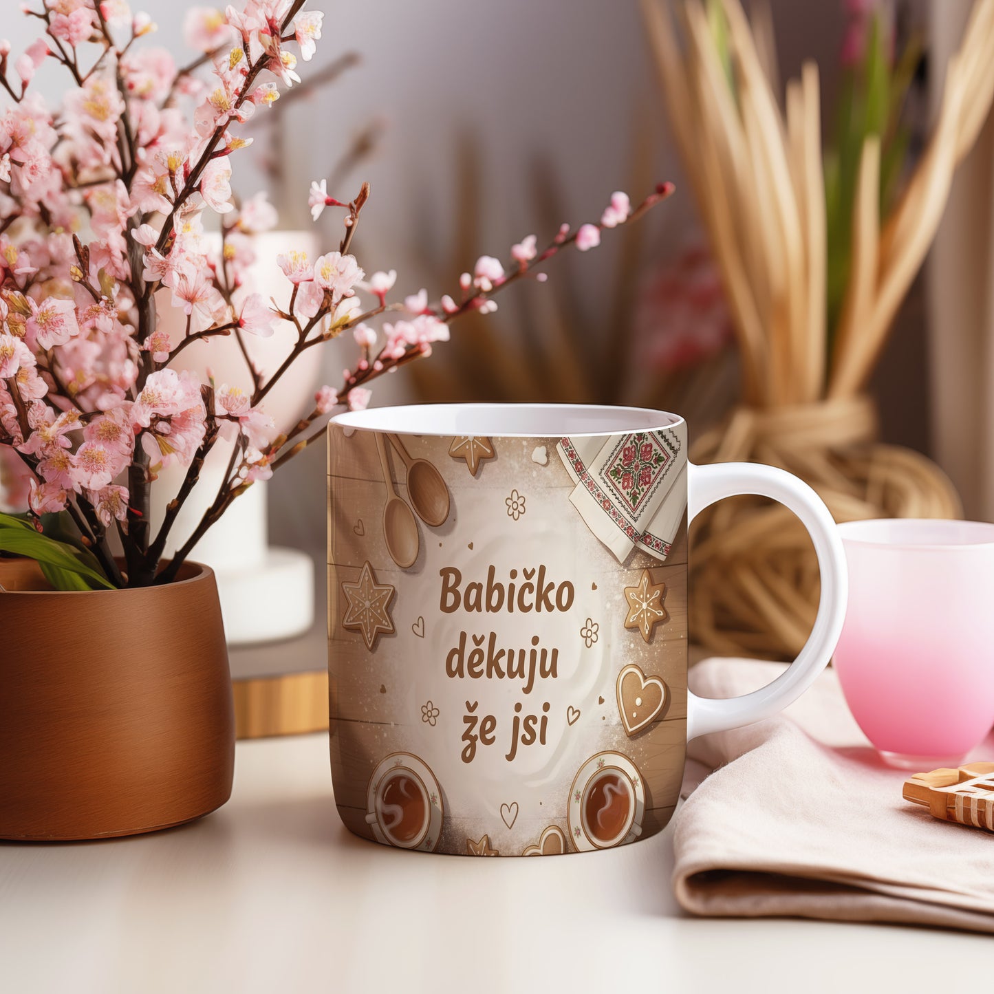 Hrnek s nápisem 'Babičko děkuju že jsi' a vintage motivy na dřevěném pozadí.
