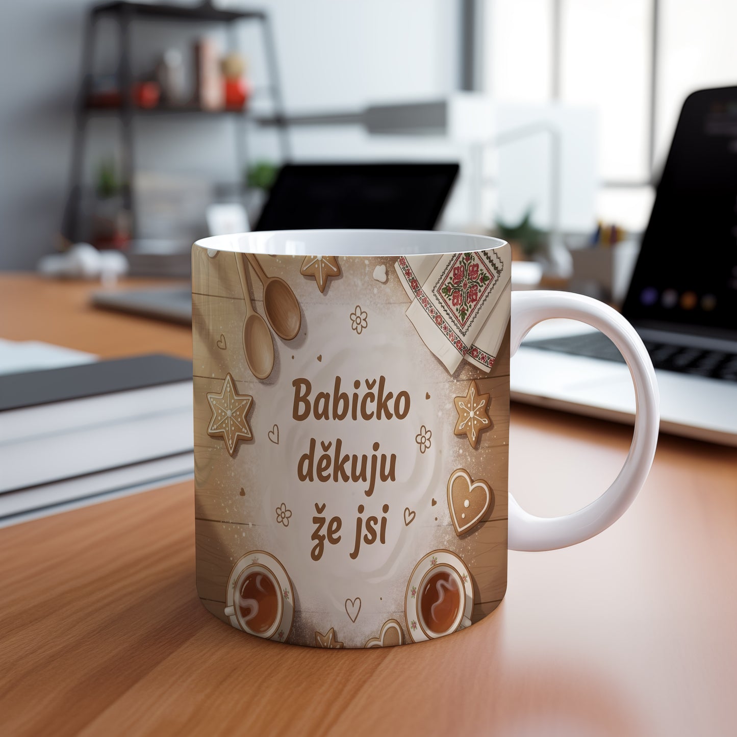 Hrnek s nápisem 'Babičko děkuju že jsi' a vintage motivy na dřevěném pozadí.